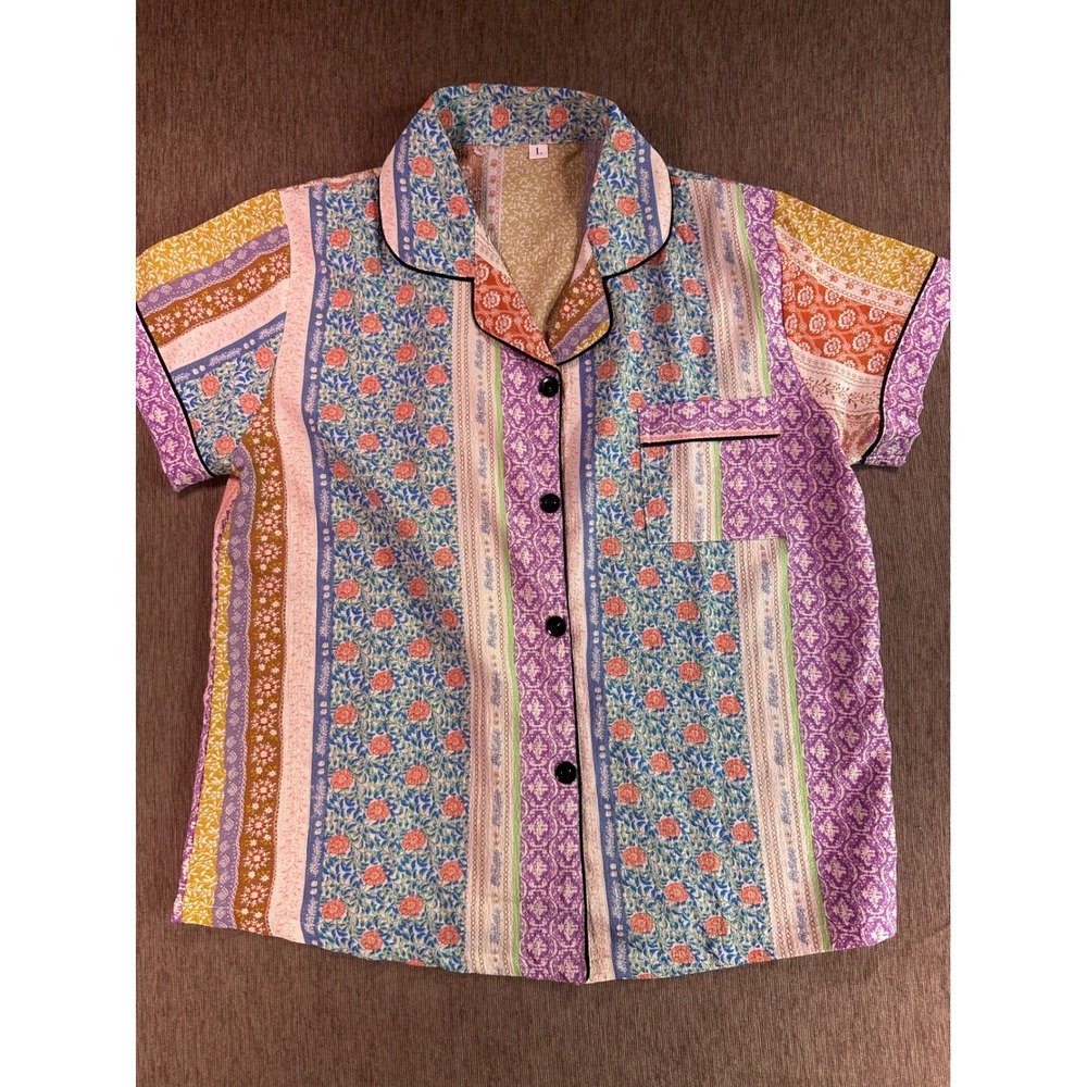 Floral Patchwork Print Short Sleeve Pajama Set Purple Orange Large‎